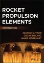 Text: "Rocket Propulsion Elements. Tenth Edition. George Sutton, Oscar Biblarz, James Morehart." Untere Hälfte: Raketenflammen.