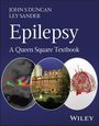"John S Duncan, Ley Sander, Epilepsy: A Queen Square Textbook" steht oben. Logos: Gebäude, Hirnscan, wissenschaftliche Abbildung.