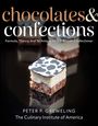 "chocolates & confections" und "Peter P. Greweling, The Culinary Institute of America." Vordergrund: Praline mit Kuhmuster.