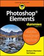"Photoshop Elements for dummies" oben, Text auf orangenen Kreis. Wasserfall in Berglandschaft, Logo mit Brille und Haaren.
