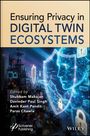 "Ensuring Privacy in DIGITAL TWIN ECOSYSTEMS." Illustration: Mensch mit digitalem Schild und Schloss, Stadt im Hintergrund.