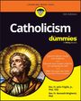 Titel: "Catholicism for dummies", Illustration eines Heiligen mit Heiligenschein und kirchlichen Elementen.