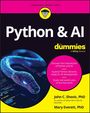„Python & AI for dummies“. Logo: Cartoon-Kopf mit Brille. Holografische Schlange umgibt digitalen Text.