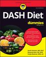 "DASH Diet for dummies" in gelber Schrift, roter Kreis mit Ernährungstipps. Unten frisches Obst und Gemüse.