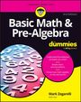 Text oben: "LEARNING MADE EASY". Haupttitel: "Basic Math & Pre-Algebra for dummies". Autor: "Mark Zegarelli". Tutorialstil.