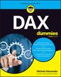 „DAX for dummies“ oben, darunter Tipps wie „Create DAX formulas“. Illustration: Hand zeigt auf Zahnräder und Diagramme.
