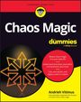"Chaos Magic for dummies" von Andrieh Vitimus. Buchcover mit gelbem und schwarzem Hintergrund und ein leuchtendes Symbol.