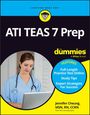"ATI TEAS 7 Prep for dummies" auf dunklem Hintergrund. Frau in blauer Arztkleidung mit Stethoskop nutzt Laptop.