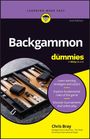 Ein Buchcover mit "Backgammon for dummies," Backgammon-Spielbrett, und Infos zu Strategien und Turnieren. Autor: Chris Bray.