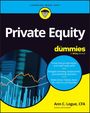 Buchtitel: "Private Equity for Dummies". Kreisdiagramm und Text im Hintergrund betonen Finanzanalyse.