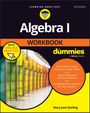 "Algebra I Workbook for Dummies", mit Quizzes online. Logo mit Comic-Gesicht. Bunte, moderne Architektur im Hintergrund.