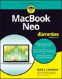 "MacBook Neo for dummies." Illustration mit Laptop und grünen Grafiken auf dem Bildschirm; gelber Kreis, Anleitungstexte.