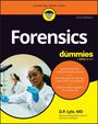"Forensics for dummies" von D.P. Lyle, MD. Frau in Laborumgebung mit Brille und Handschuhen.