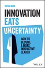 Große Texte: "INNOVATION EATS UNCERTAINTY". Oben links: "NATHAN BAIRD". Unten rechts: "WILEY". Eine Gabel als Grafik integriert.