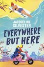 Texte: "JACQUELINE SILVESTER EVERYWHERE BUT HERE". Illustration: Frau auf Luftmatratze, Paar auf Roller, Kirschblütenbäume.