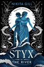 "STYX THE RIVER" steht in großen Buchstaben. Zwei blau gekleidete Frauenfiguren, umgeben von pflanzlichen und aquatischen Elementen.