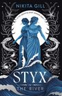 „NIKITA GILL STYX THE RIVER.“ Zwei blaue Frauenfiguren in fließenden Gewändern, umgeben von Wasser und Pflanzen.