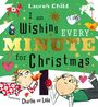"I am Wishing Every Minute for Christmas" mit Charlie und Lola. Illustration mit Weihnachtsbaum, bunten Figuren und Ornamenten.
