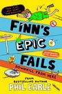 "Finn's Epic Fails: Downhill from Here" in großen Buchstaben. Illustration: Junge fliegt, Bienen, Mäuse. Bunter, comicartiger Stil.