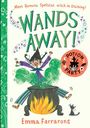 „WANDS AWAY! Potion Party", Emma Farrarons. Illustration: Mädchen mit Hexenhut vor Kessel, grüne Magie, Katze, Flammen.