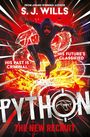 Texte: "S.J. Wills", "His past is criminal", "His future's classified", "PYTHON", "The New Recruit". Illustration eines springenden Mannes.