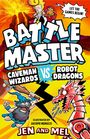 "Battle Master: Caveman Wizards vs Robot Dragons. Let the games begin! Jen and Mel. Eine Comic-Illustration mit Vulkan."