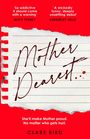 "Mother Dearest" in Handschrift auf Notizpapier vor rotem Hintergrund. Zitate von Alice Feeney und Kimberley Belle.