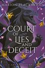 „Court of Lies and Deceit“ und „The Flame and Thorns series“. Ein Drache mit floralen Elementen auf violettem Hintergrund.