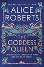 Text in Weiß und Gold: Alice Roberts, "The Goddess Queen". Blaue, ägyptische Illustration mit Vögeln und Pflanzen.