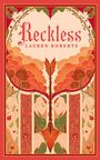 "Reckless" und "Lauren Roberts". Illustration mit floralen Mustern, stilisierten Wolken und einem Pfeil in der Mitte.