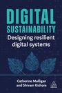 „DIGITAL SUSTAINABILITY“ in großen Buchstaben, darunter „Designing resilient digital systems“. Drei Blätter mit Schaltkreis-Design.