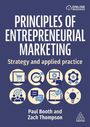 "Principles of Entrepreneurial Marketing" steht groß im Zentrum, darunter Symbole zu Geschäftsstrategien, Diagrammen und Ideen.