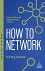„International bestselling series“, „HOW TO NETWORK“ und „Kirsty James“ auf blauem Hintergrund mit Netzwerksymbol.