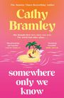 Buchtitel: "somewhere only we know" von Cathy Bramley. Illustration: Frau auf herzförmiger Insel mit Palmen.