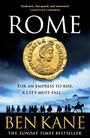 „ROME“ groß. Zitat von Christian Cameron. Goldene Münze. Soldaten vor nebliger Landschaft. Autor Ben Kane. Bestseller-Hinweis.