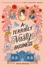 Titel: "A Terribly Nasty Business". Oben Porträts von drei Personen, umrahmt von roten Blumen. Unten ein blaues Gebäude.