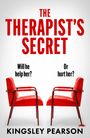 Text: "THE THERAPIST'S SECRET" "Will he help her? Or hurt her?" "KINGSLEY PEARSON". Zwei rote Stühle, Blutstropfen darunter.