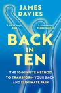 "BACK IN TEN" und "THE 10-MINUTE METHOD TO TRANSFORM YOUR BACK AND ELIMINATE PAIN" auf blauem Hintergrund mit Umriss einer Figur.