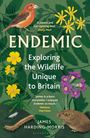 „ENDENIC: Exploring the Wildlife Unique to Britain“; gelber Vogel, gelbe Blumen, lila Blumen, braunes Nagetier, grüner Hintergrund.