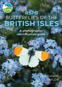 Text: "RSPB Butterflies of the British Isles, A photographic identification guide, Marianne Taylor."  
Ein Schmetterling auf blauen Blumen.