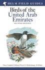 "BIRDS OF THE UNITED ARAB EMIRATES" in großen Buchstaben. Zwei farbige Vögel auf einem Ast, darunter Felsen und Pflanzen.