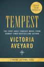 Text: "COVER TO BE REVEALED", "TEMPEST", "THE FIRST ADULT FANTASY NOVEL...", "VICTORIA AVEYARD", "COMING AUTUMN 2026". Gold auf dunkelblauem Hintergrund.