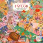 "The World of Taylor," inspiriert von Taylor Swifts Werken, 1000 Teile. Bunte Illustration mit Gitarren, Schmetterlingen und Blumen.
