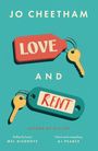 Buchtitel „Love and Rent“ von Jo Cheetham, zeigt zwei Schlüsselanhänger in Rot und Blau mit Schlüsseln.