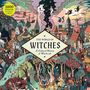 Text: "1000 PIECES & A History of Witches." "THE WORLD OF WITCHES: A Cultural History of Witchcraft." Illustration von Hexen und mittelalterlichen Szenen.