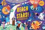 „REACH for the STARS! A Jigsaw Puzzle Featuring Space Heroes & Fun Facts“. Bunte Illustration mit Astronauten im Weltraum.