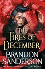 "The Fires of December" und "Brandon Sanderson". Illustration einer Frau mit schwarzen Haaren umgeben von roten Tieren.