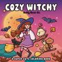 „Cozy Witchy“, „Belly Bean Co.“, „A Super-Cute Coloring Book“. Illustration einer Hexe mit Tieren und Besen vor Abendhimmel.