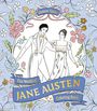Text: "Eleanor Taylor", "The World of JANE AUSTEN Coloring Book." Illustration: Ein Paar in historischer Kleidung, umgeben von Blumen.