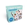 "I SAW IT FIRST! FROZEN" steht in großen Buchstaben auf einer Spielschachtel, daneben bunt illustrierte Tiere.